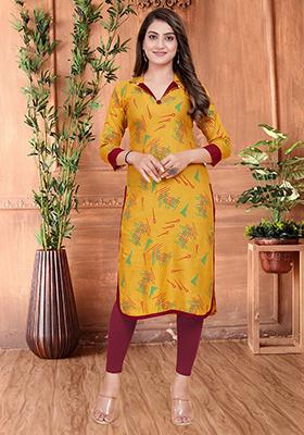 Yellow Printed Rayon Kurta