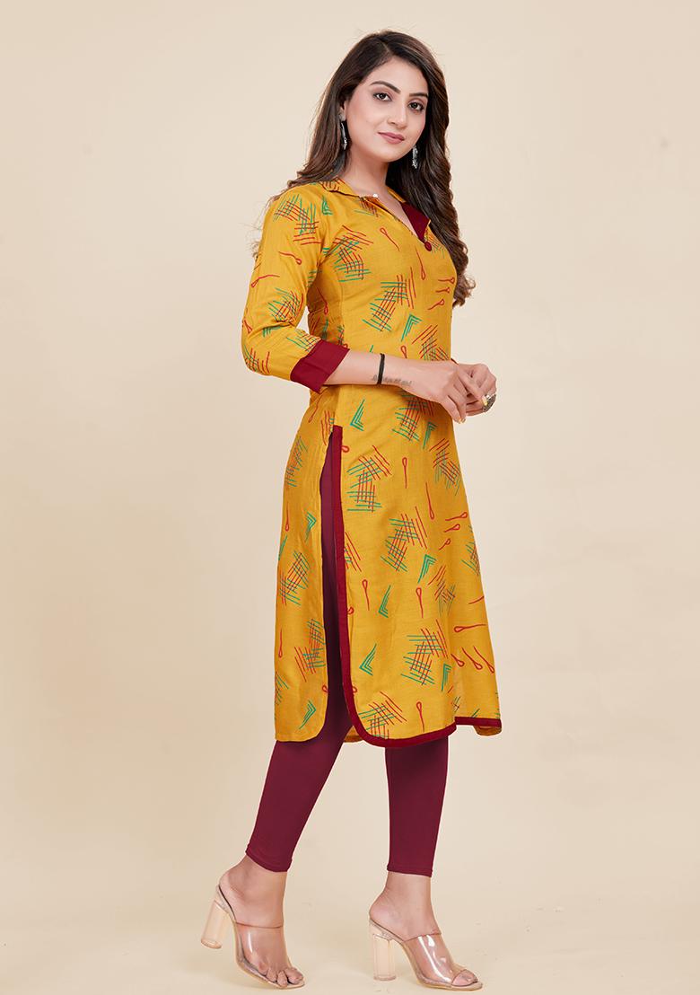 Yellow Printed Rayon Kurta