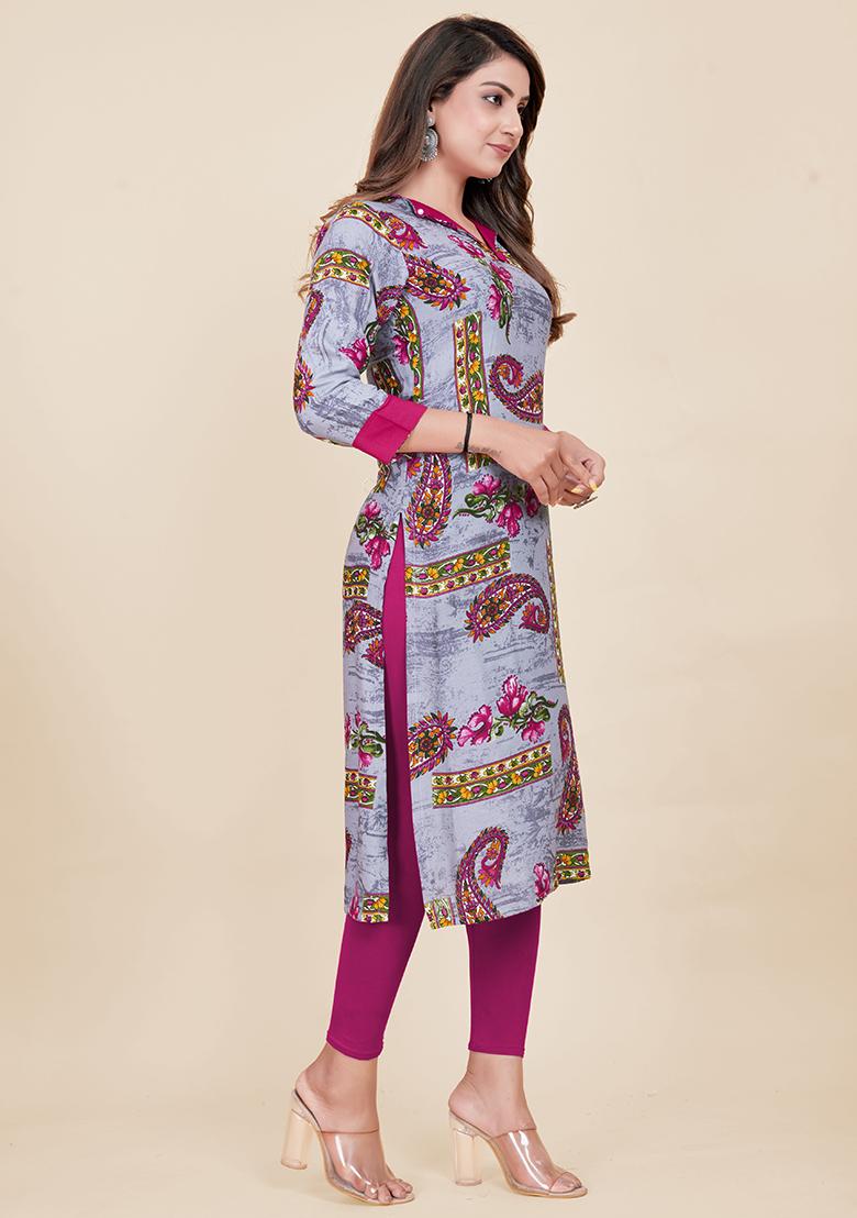 Dark Grey Printed Rayon Kurta