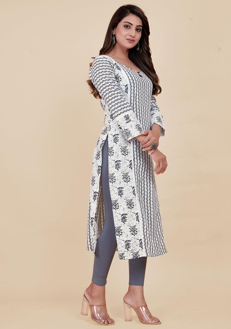 White Printed Rayon Kurta