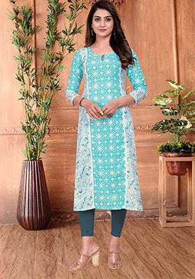 Turquoise Printed Rayon Kurta