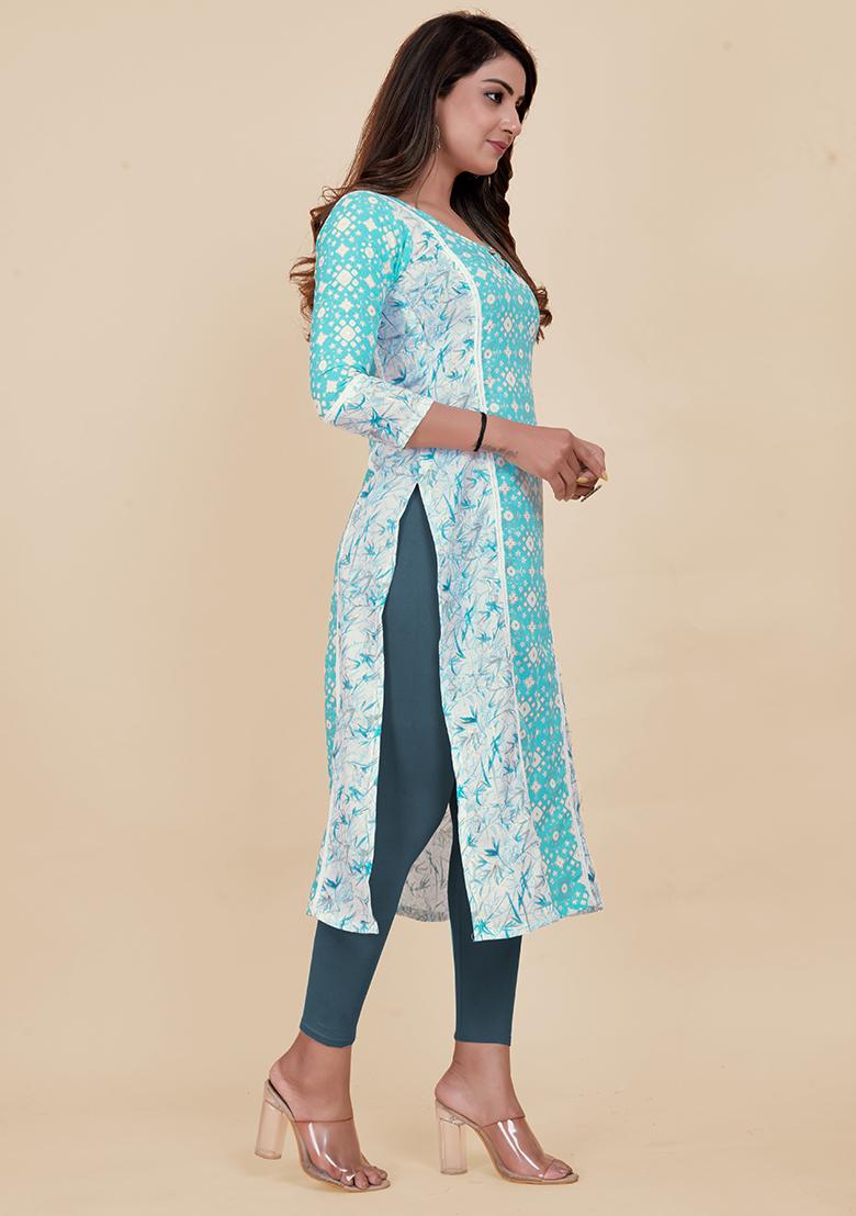 Turquoise Printed Rayon Kurta