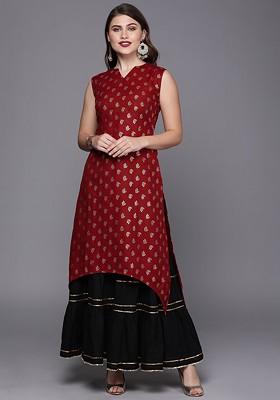Maroon Printed Poly Blend A-Line Kurta