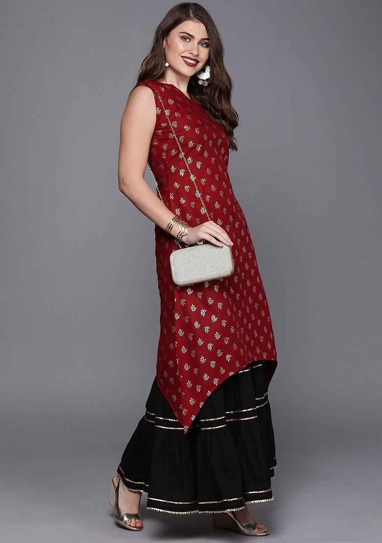 Maroon Printed Poly Blend A-Line Kurta