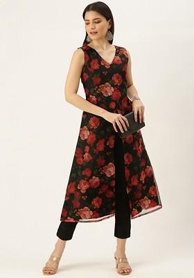 Black Floral Print Poly Blend Kurta