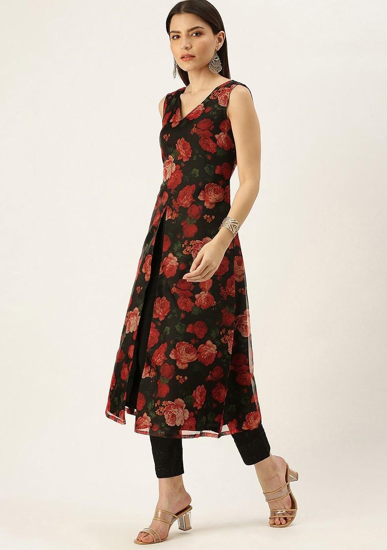Black Floral Print Poly Blend Kurta