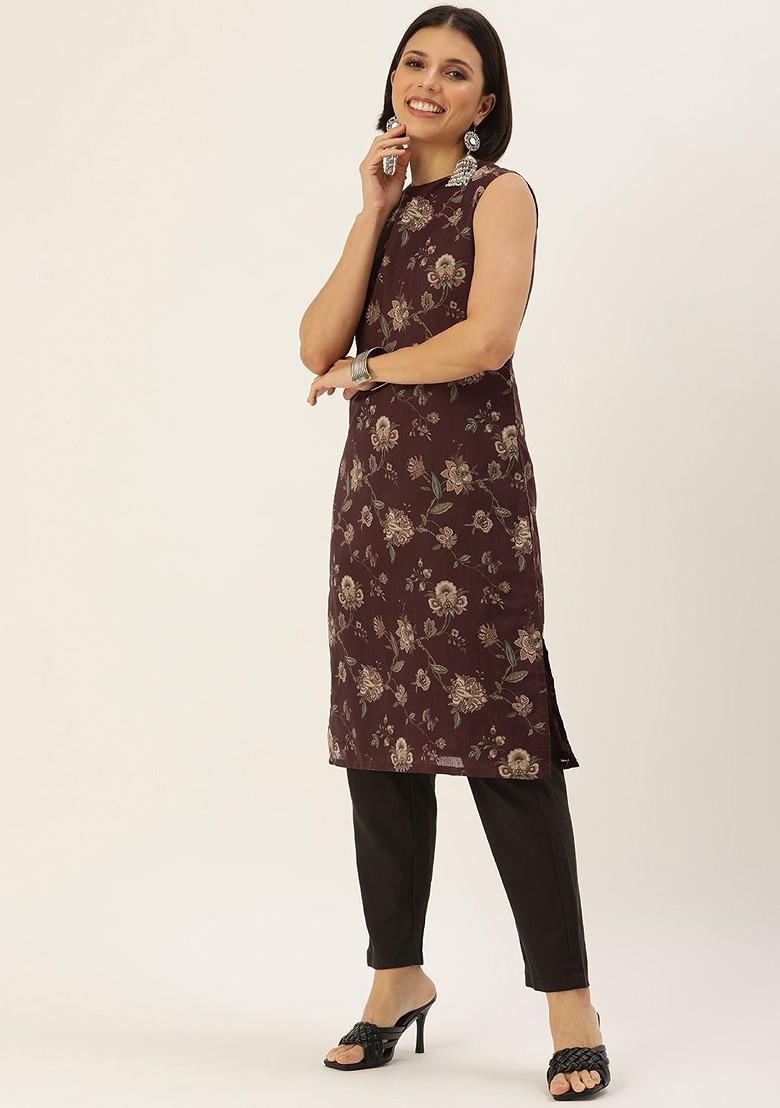 Maroon Ethnic Motifs Printed Poly Blend Kurta