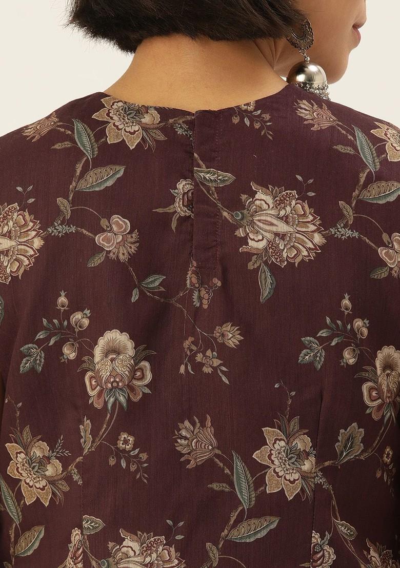 Maroon Ethnic Motifs Printed Poly Blend Kurta