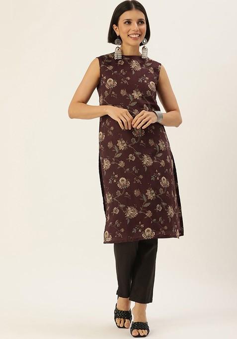 Maroon Ethnic Motifs Printed Poly Blend Kurta