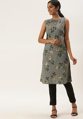 Grey Floral Print Poly Blend A-Line Kurta
