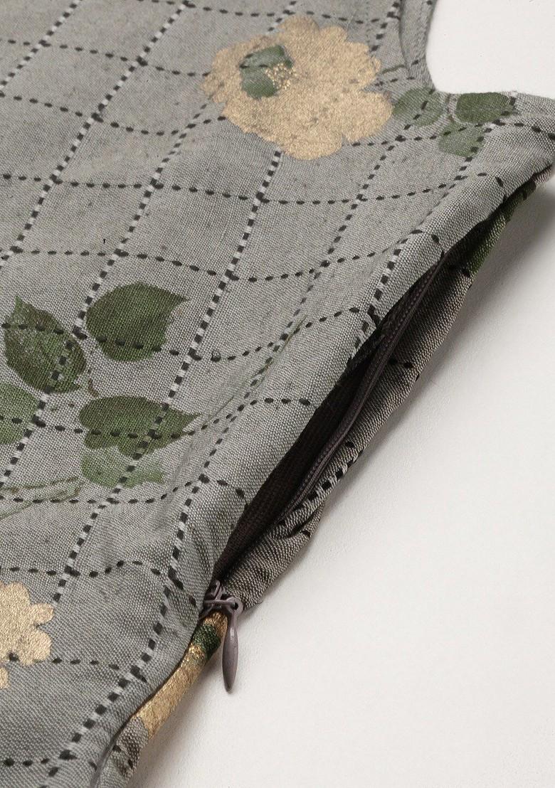 Grey Floral Print Poly Blend A-Line Kurta