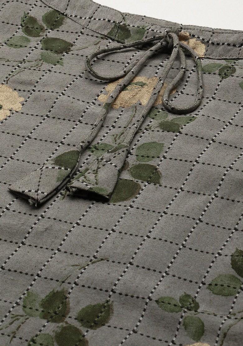 Grey Floral Print Poly Blend A-Line Kurta