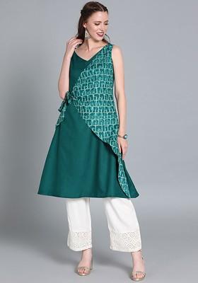 Green Printed Poly Blend A-Line Kurta