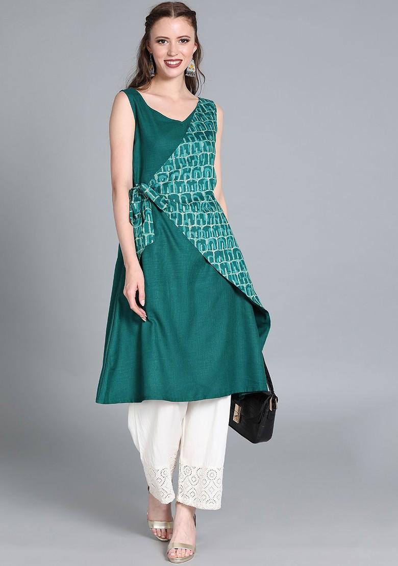 Green Printed Poly Blend A-Line Kurta