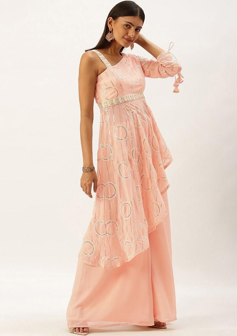 Pink Embroidered Poly Blend A-Line Kurta