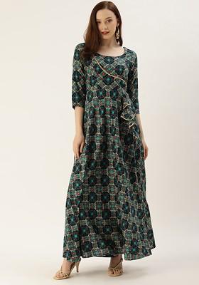 Navy Blue Ethnic Motifs Printed Poly Blend A-Line Kurta