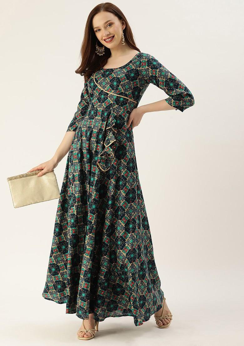 Navy Blue Ethnic Motifs Printed Poly Blend A-Line Kurta