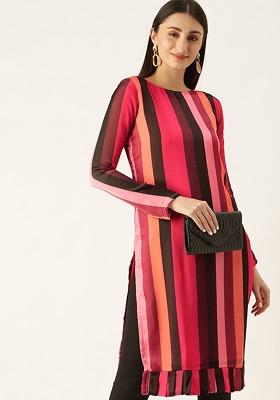 Multicolor Striped Print Poly Blend Kurta