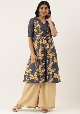 Grey Floral Print Poly Blend Anarkali Kurta
