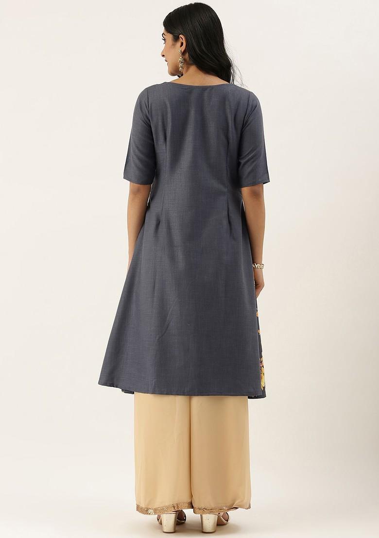 Grey Floral Print Poly Blend Anarkali Kurta