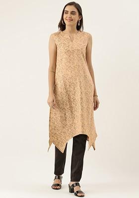 Beige Printed Poly Blend A-Line Kurta