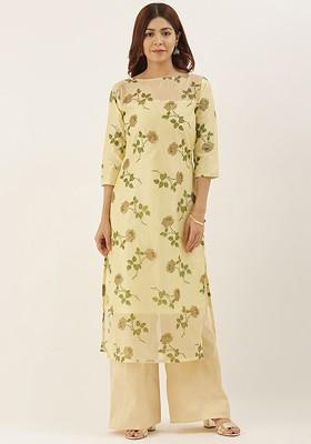 Yellow Floral Foil Print Poly Blend Straight Kurta
