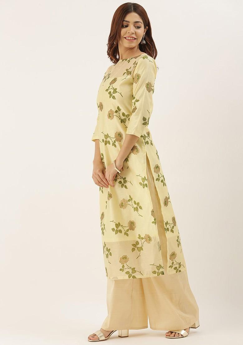 Yellow Floral Foil Print Poly Blend Straight Kurta