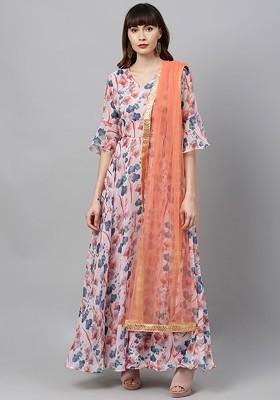 Peach Printed Poly Blend A-Line Kurta