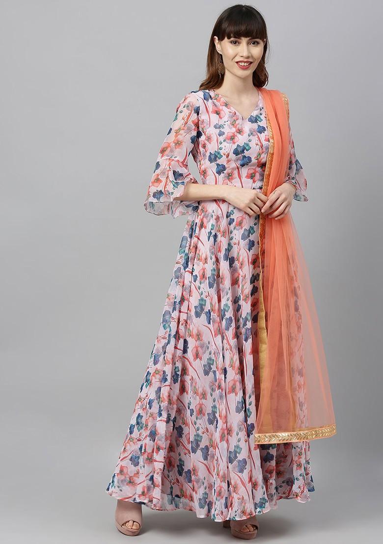 Peach Printed Poly Blend A-Line Kurta