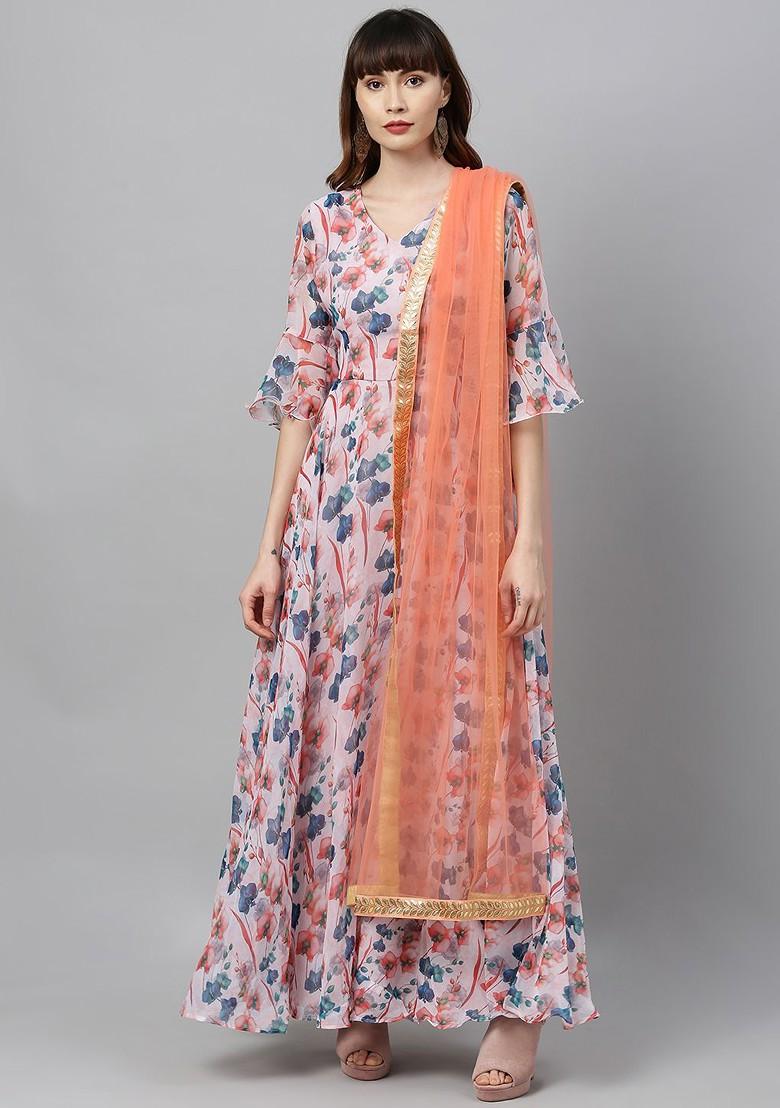 Peach Printed Poly Blend A-Line Kurta