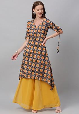 Blue Printed Poly Blend A-Line Kurta