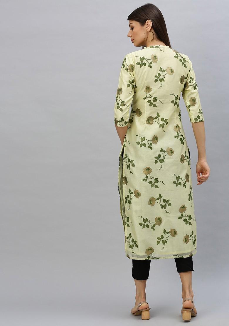 Cream Printed Poly Blend Straight Kurta