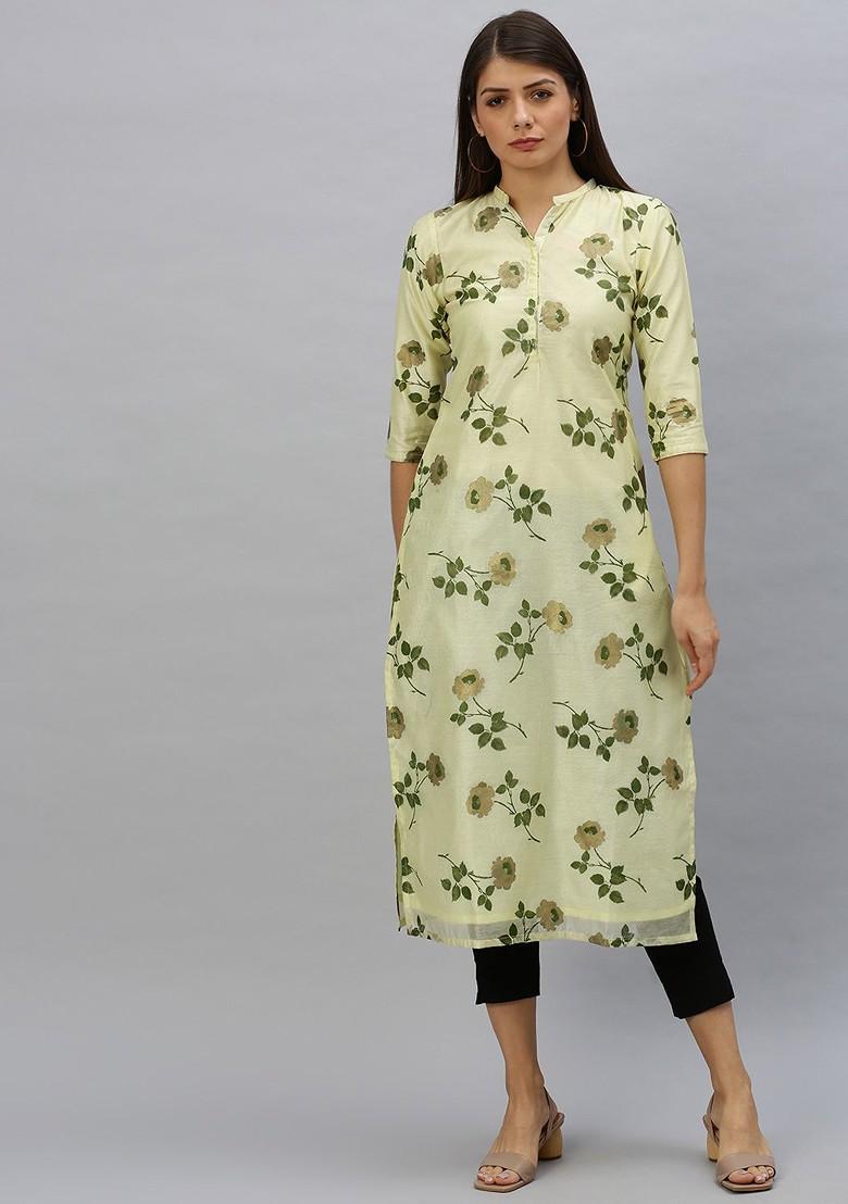 Cream Printed Poly Blend Straight Kurta