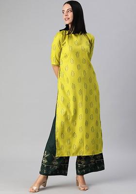 Lime Green Printed Poly Blend Straight Kurta