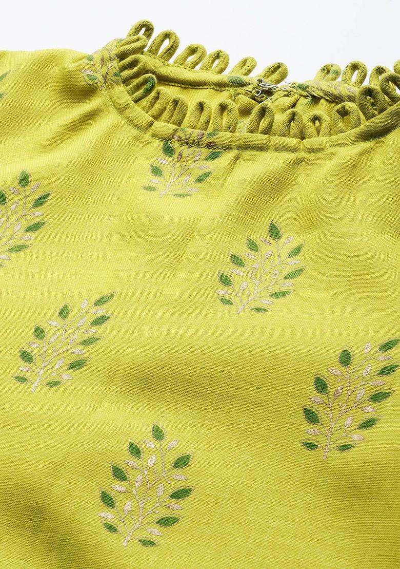 Lime Green Printed Poly Blend Straight Kurta