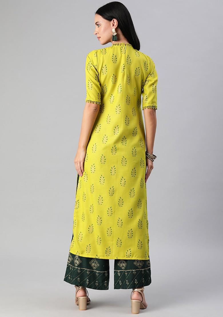 Lime Green Printed Poly Blend Straight Kurta