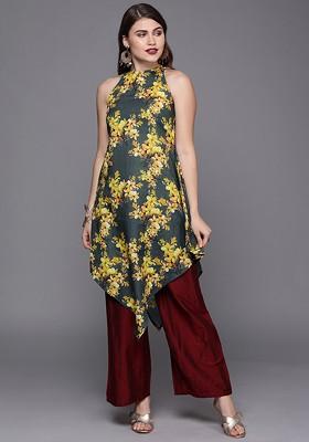 Grey Printed Poly Blend A-Line Kurta