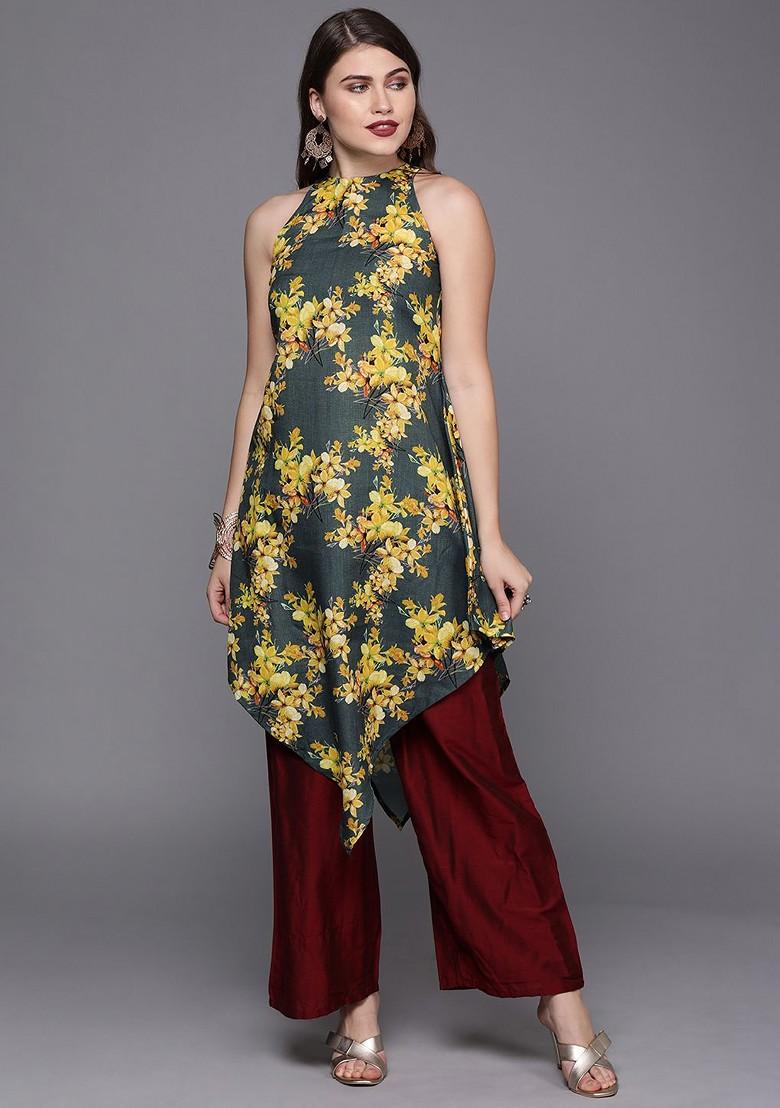 Grey Printed Poly Blend A-Line Kurta