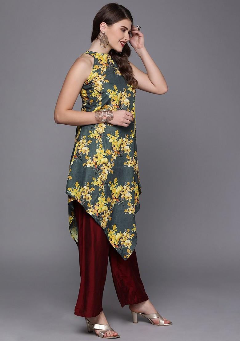 Grey Printed Poly Blend A-Line Kurta