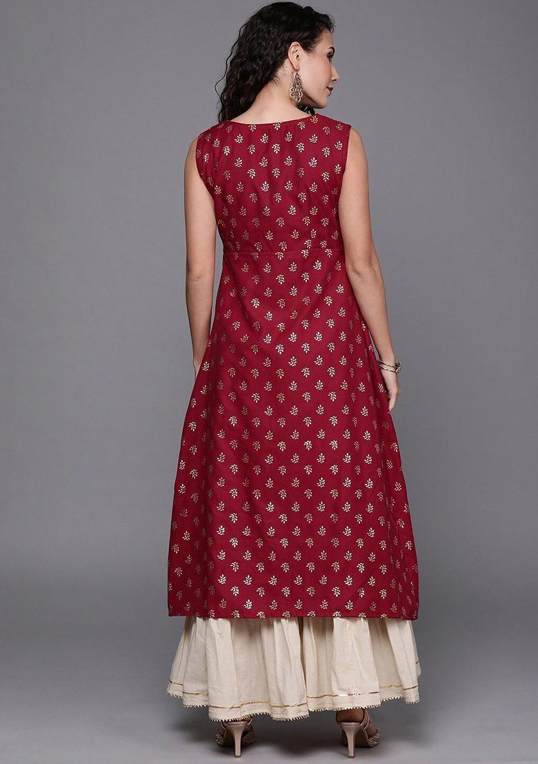 Maroon Ethnic Motifs Printed Cotton Kurta