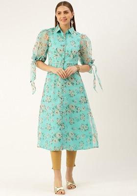 Blue Floral Print Poly Blend Kurta
