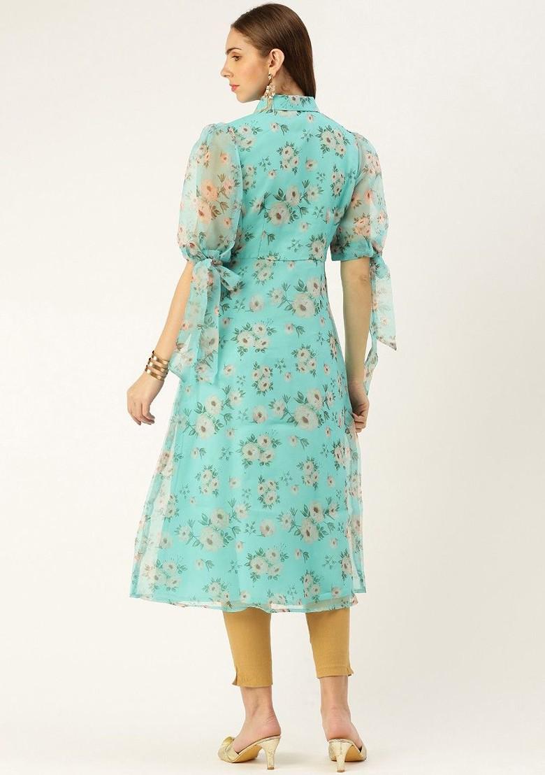 Blue Floral Print Poly Blend Kurta