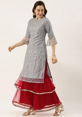 Grey Ethnic Motifs Printed Poly Blend Straight Kurta