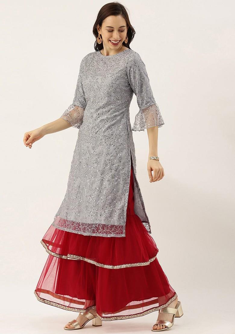 Grey Ethnic Motifs Printed Poly Blend Straight Kurta