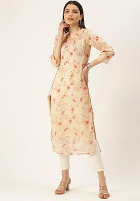 Beige Floral Print Poly Blend Kurta