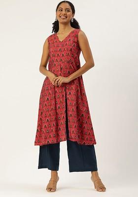 Pink Printed Poly Blend Kurta