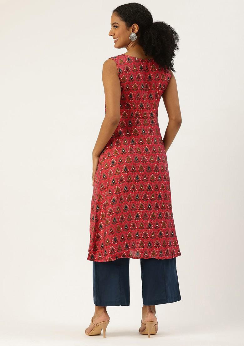 Pink Printed Poly Blend Kurta