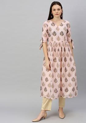 Pink Printed Poly Blend A-Line Kurta