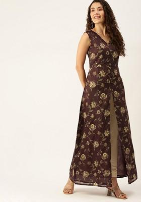 Maroon Ethnic Motifs Printed Poly Blend Kurta