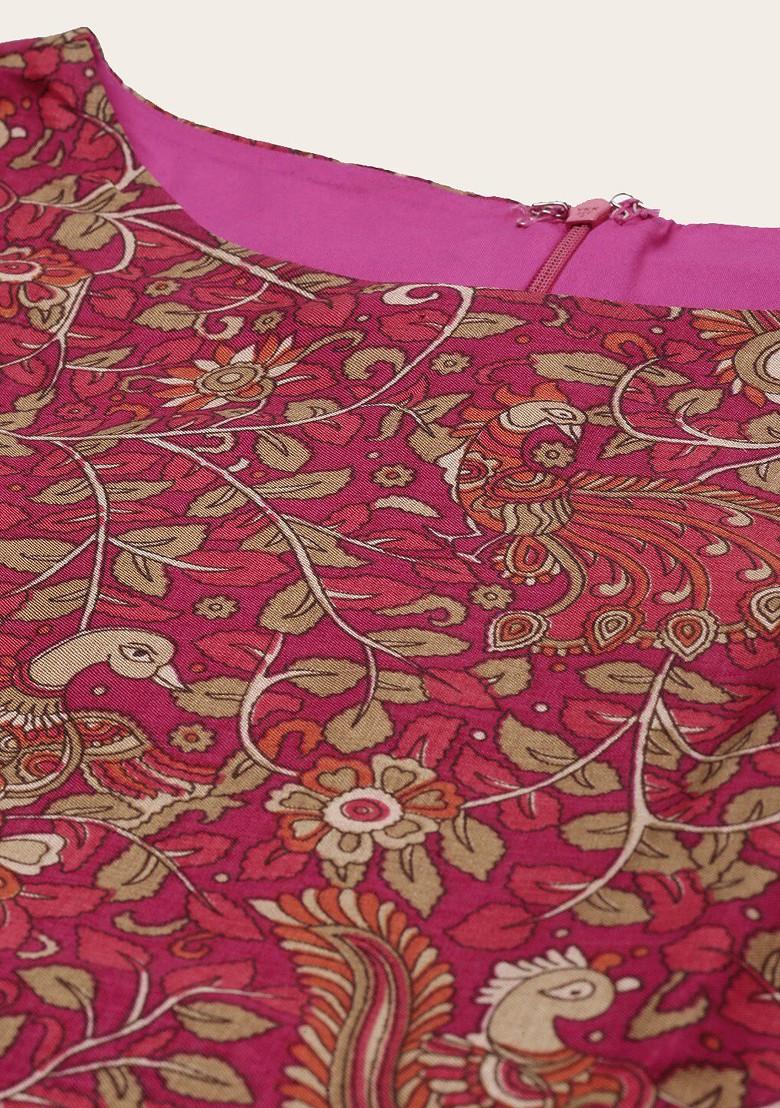 Pink Floral Print Silk Straight Kurta